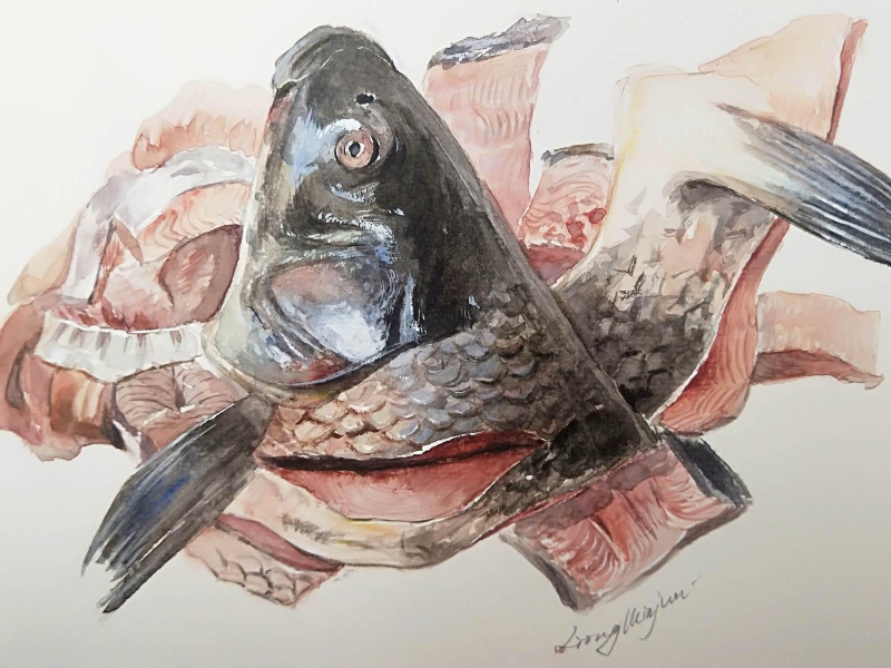 水彩画,鱼头